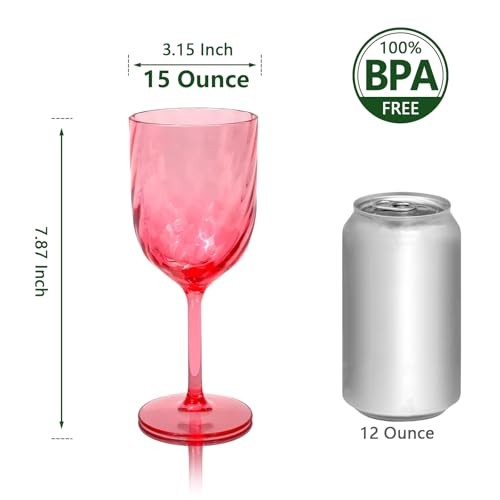 Plastic Wine Glasses Set Of 6,Unbreakable Acrylic Wine 15 Ounce Red
