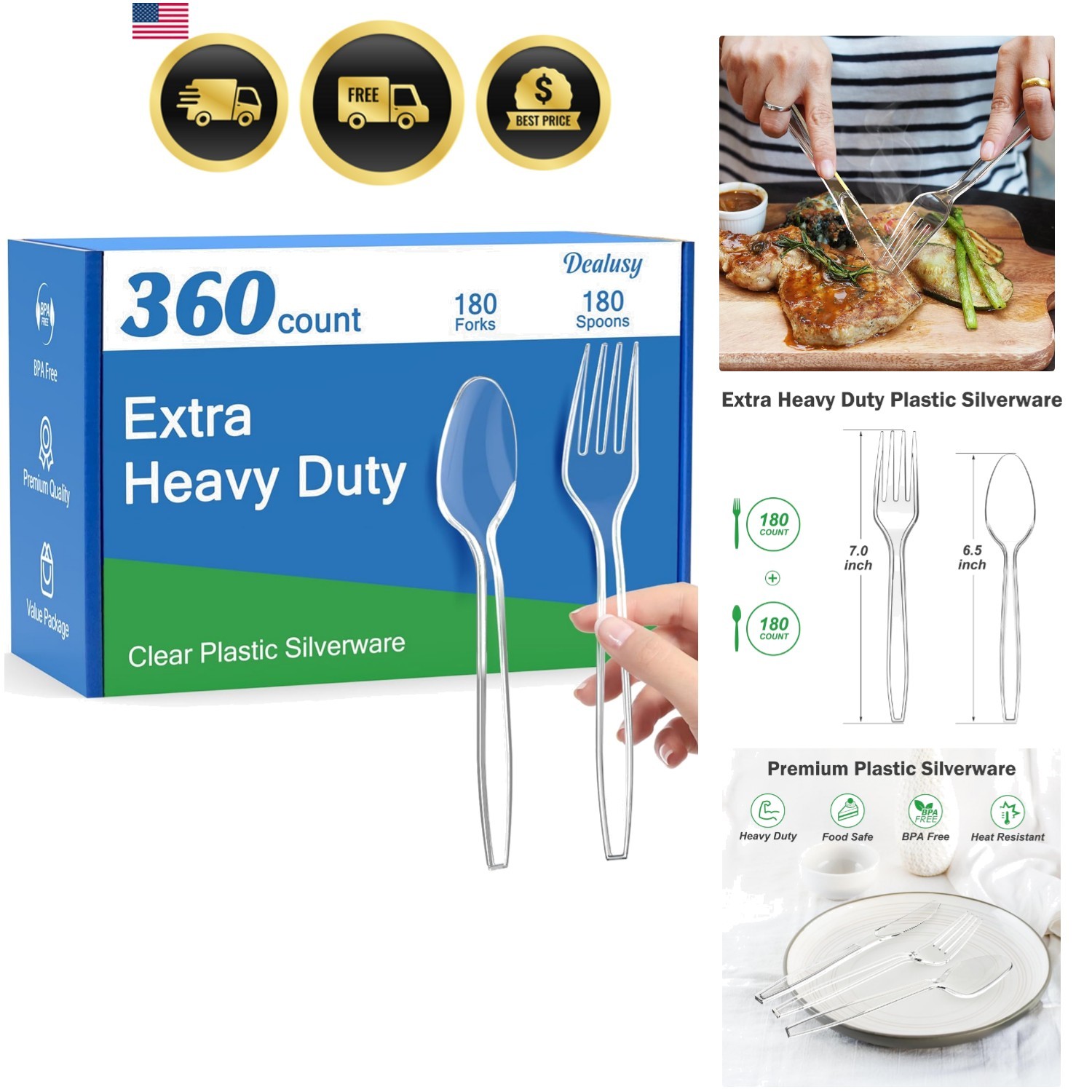 360 Count Extra Heavy Duty Clear Plastic Forks and Spoons, 180 Forks & 180 Sp…