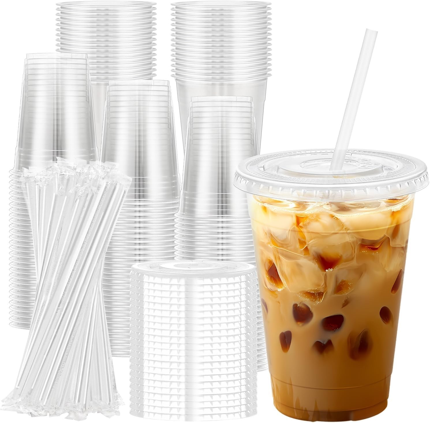 Paquete de 100 vasos de plástico transparente de 16 oz con tapas y pajitas vasos