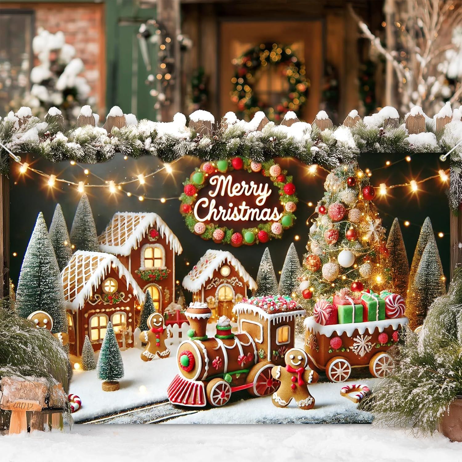 Merry Christmas Gingerbread House Train Banner 71X43 Inch Gingerbread Men Backdr