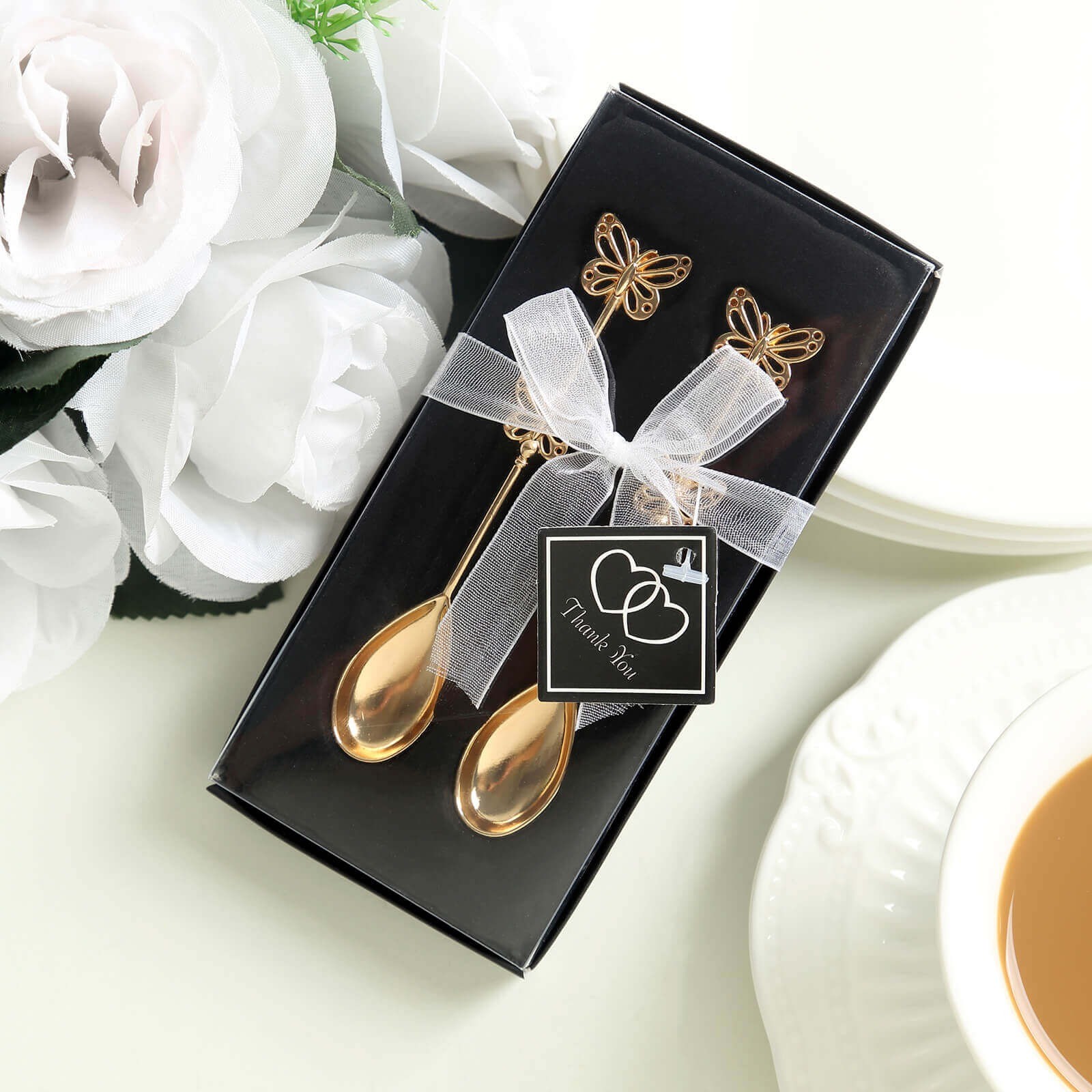 10 Gold Metal Butterfly Handle Coffee Spoons in Clear Top Black Gift Box Party
