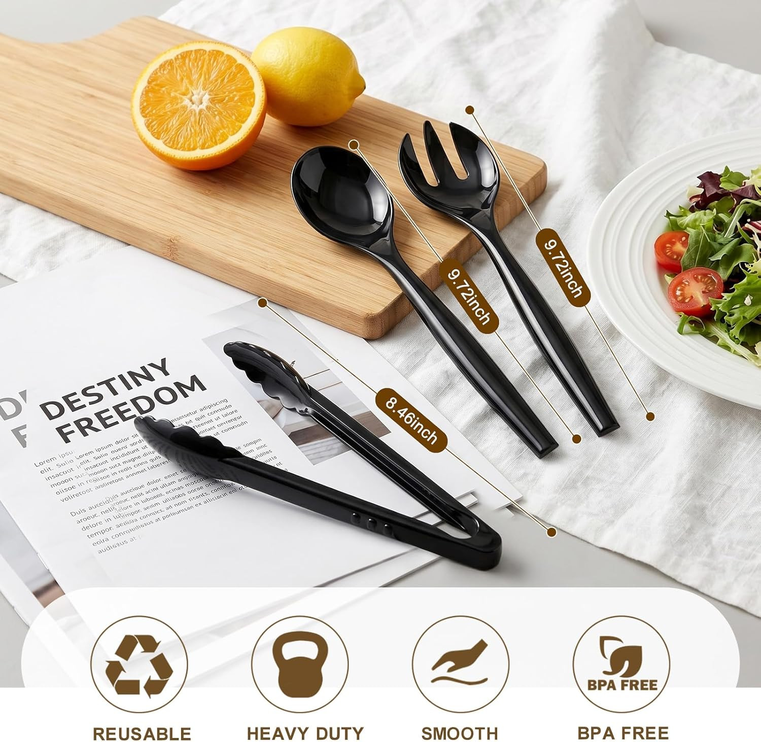 24 Pack Black Plastic Serving Utensils Set Forks Spoons Tongs Buffet Party