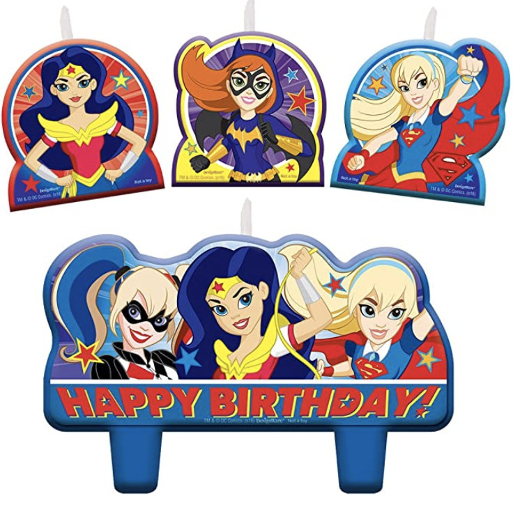 New DC SUPERHERO 4-Pack Girls BIRTHDAY CANDLE SET 3 Small 1 Large Comic Book Kid