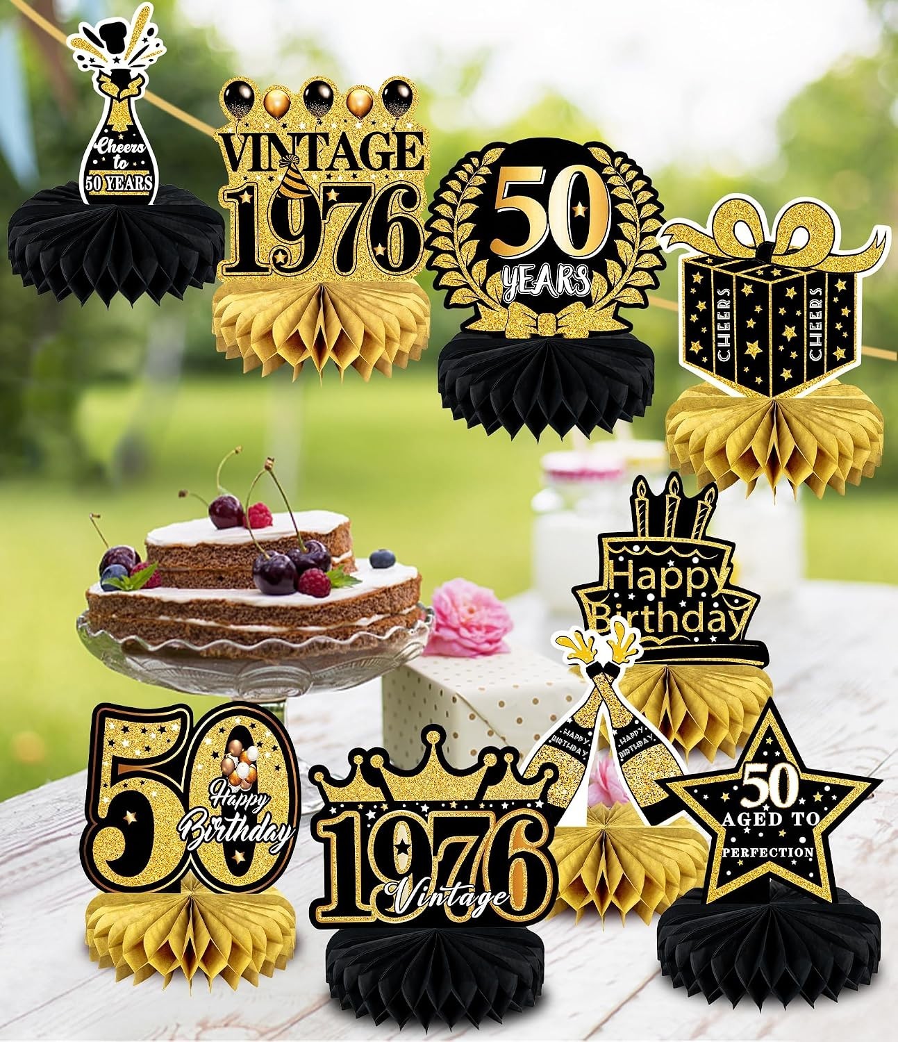 Retro 50th Birthday Decor – 9 Honeycomb & Cardboard Pieces – Easy Assembly