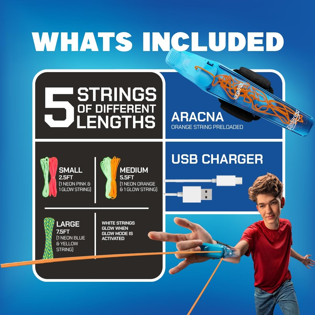 ZipString Aracna Glow-in-the-Dark Webshooter – Superhero String Launcher Blue