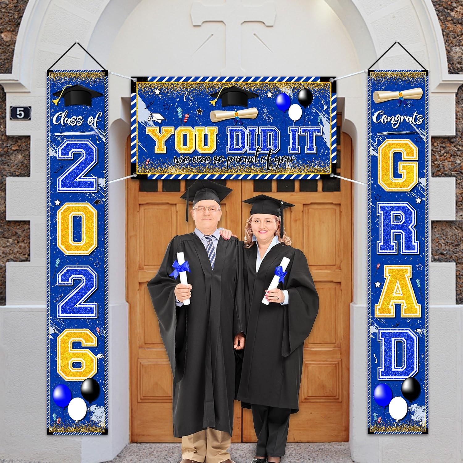 Blue and Gold Graduation Decorations Class of 2026 Banner
