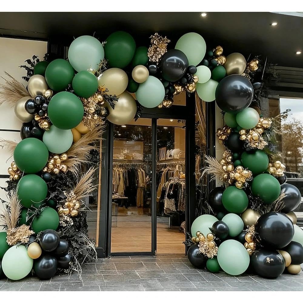 Green Gold Balloon Arch, Double Stuffed Black Gold Sage Emerald Dark Green Ba…