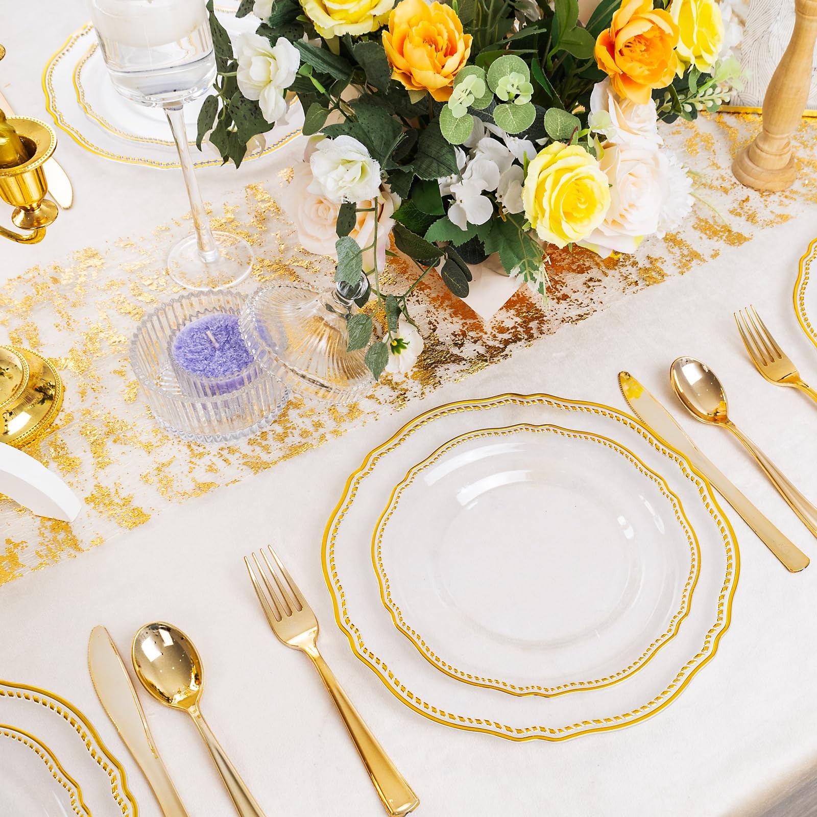 60pcs Clear Plastic Plates Clear and Gold Disposable Dinnerware with Gold Ri…