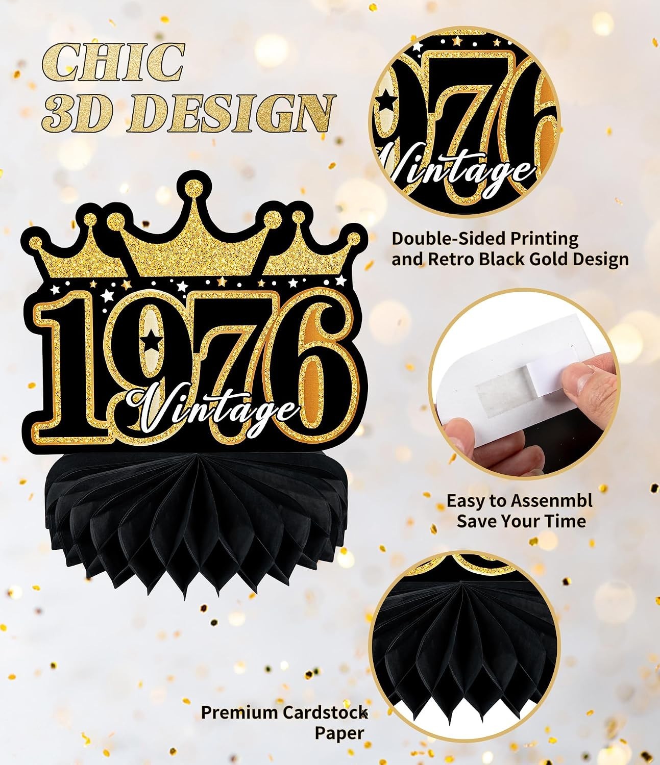 Retro 50th Birthday Decor – 9 Honeycomb & Cardboard Pieces – Easy Assembly