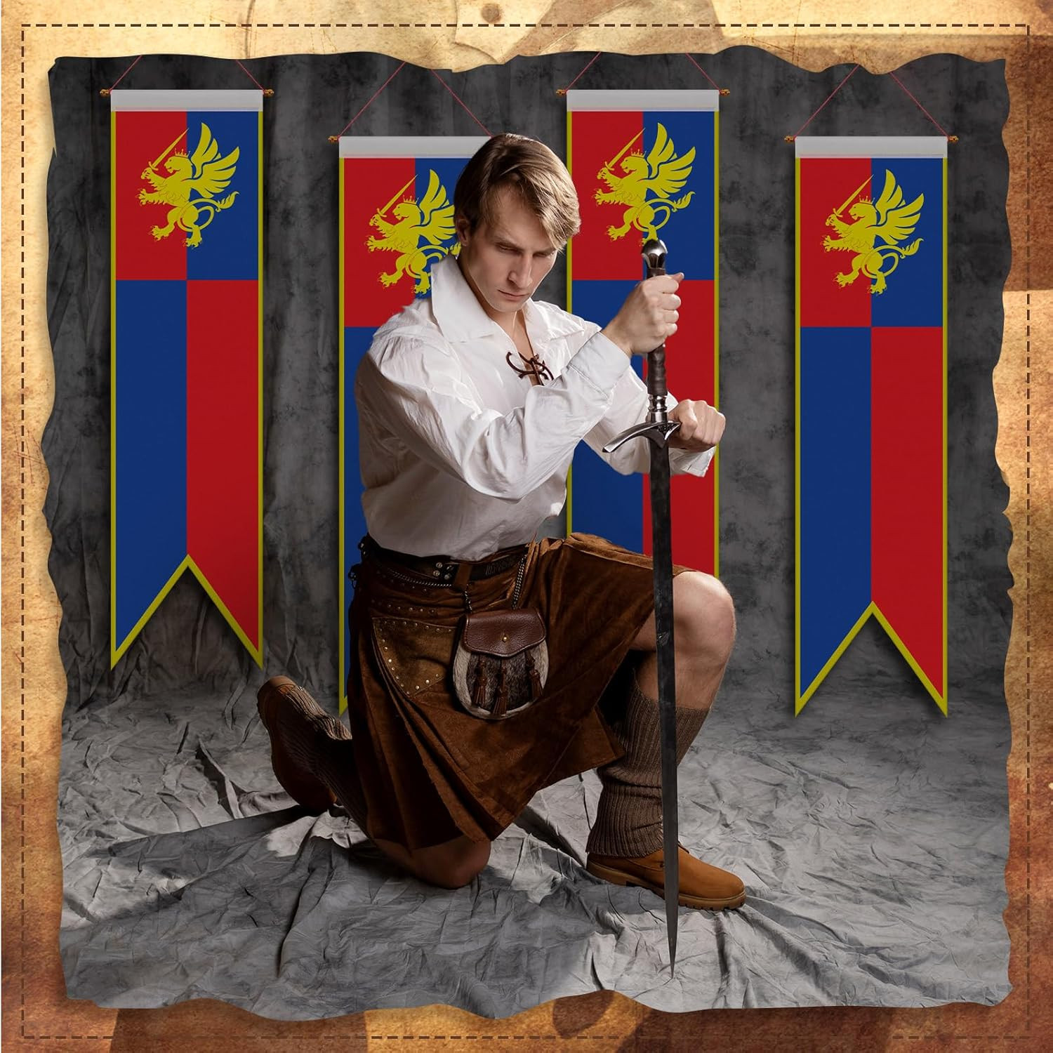 4 Ft Medieval Fantasy Pull-Down Banner with Lion Design Hanging Party Bunting Ba