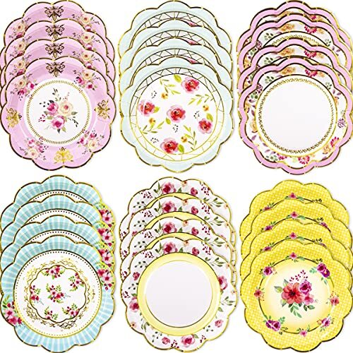 24 Pack Vintage Floral Paper Plates Disposable Tableware for Party Wedding
