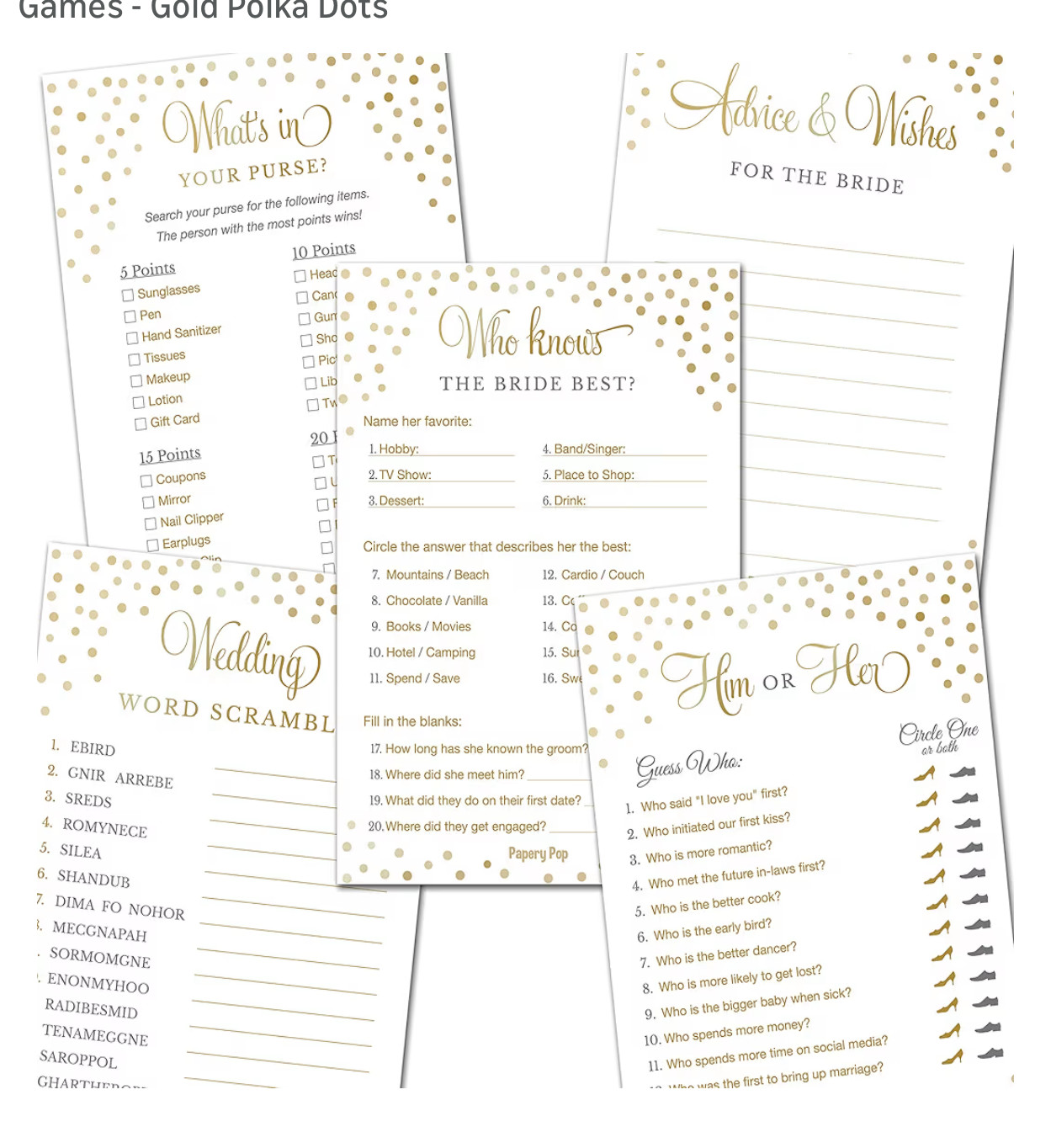 Bridal Shower Games 5 Activities for 25 Guests Double Sided Gold Polka Dots New