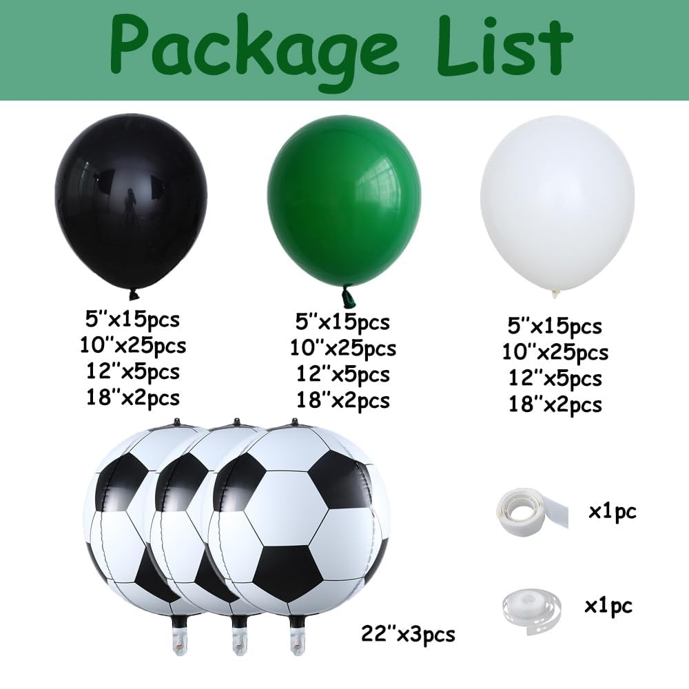 144PCS Dark Green Black White Balloon Garland Arch Kit with 22inch 4D Soccer …