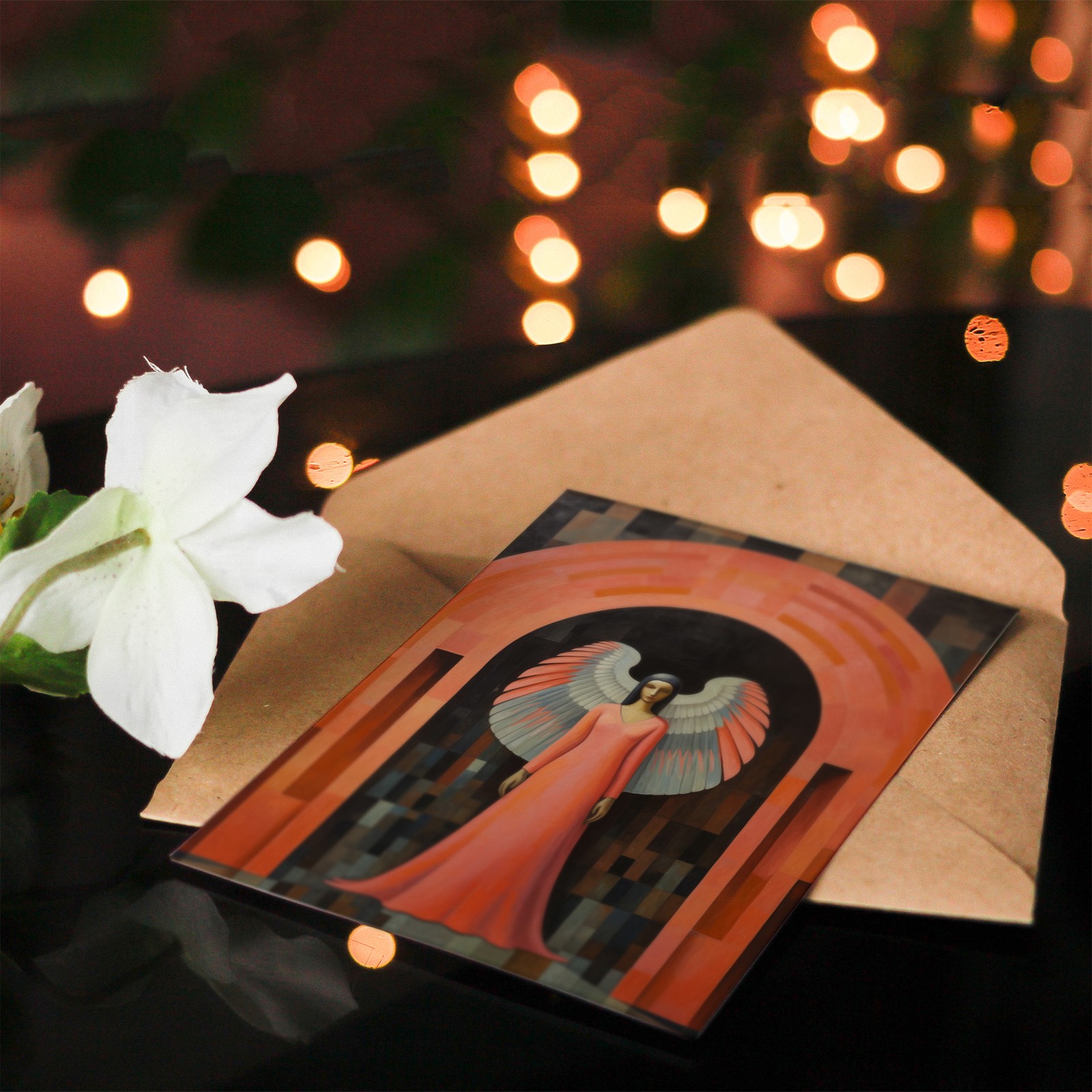Guardian Angel Archway Gate Art Deco Painting Birthday Card