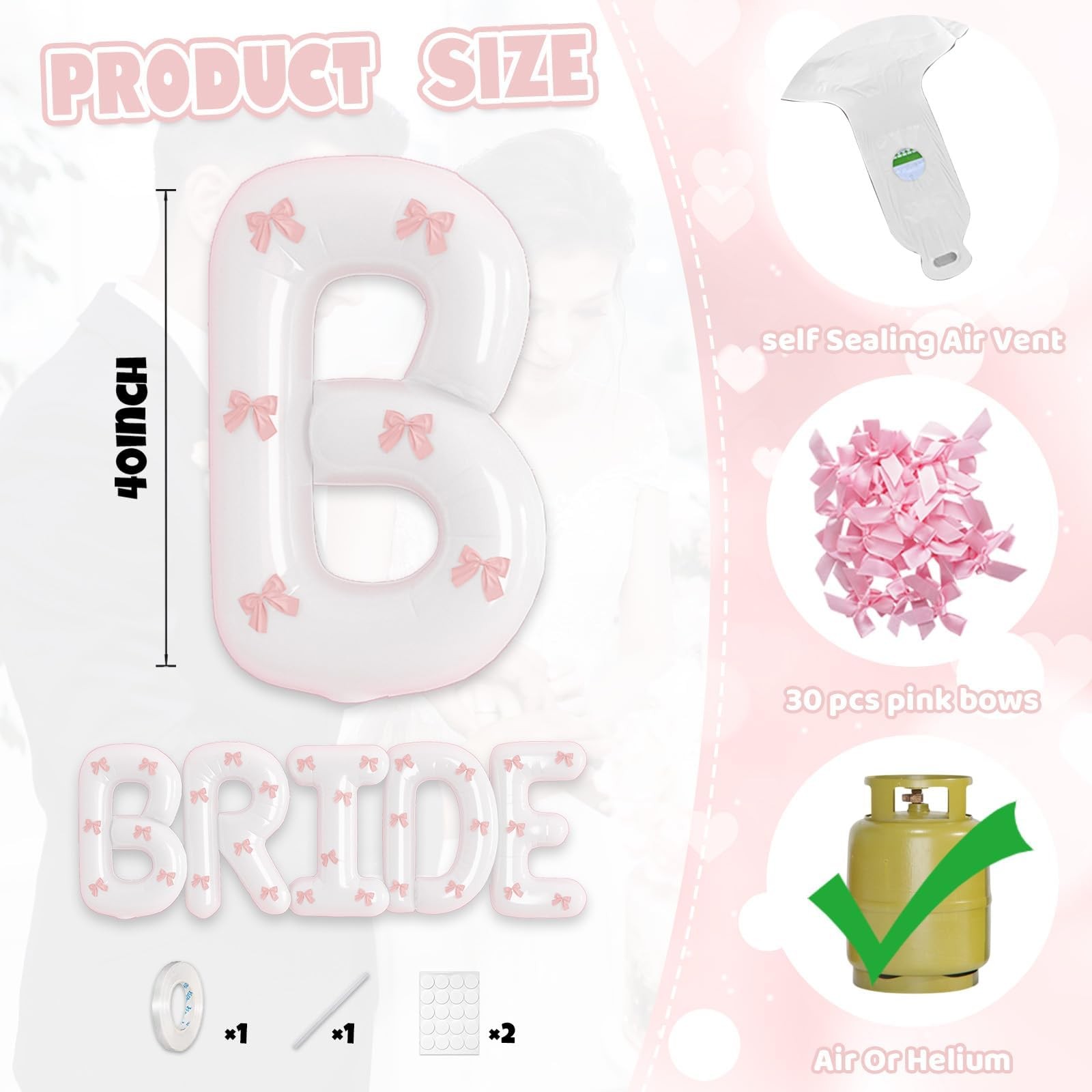 40 inch BRIDE Balloons Bachelorette, White Bride Balloons with Pink Bow for B…