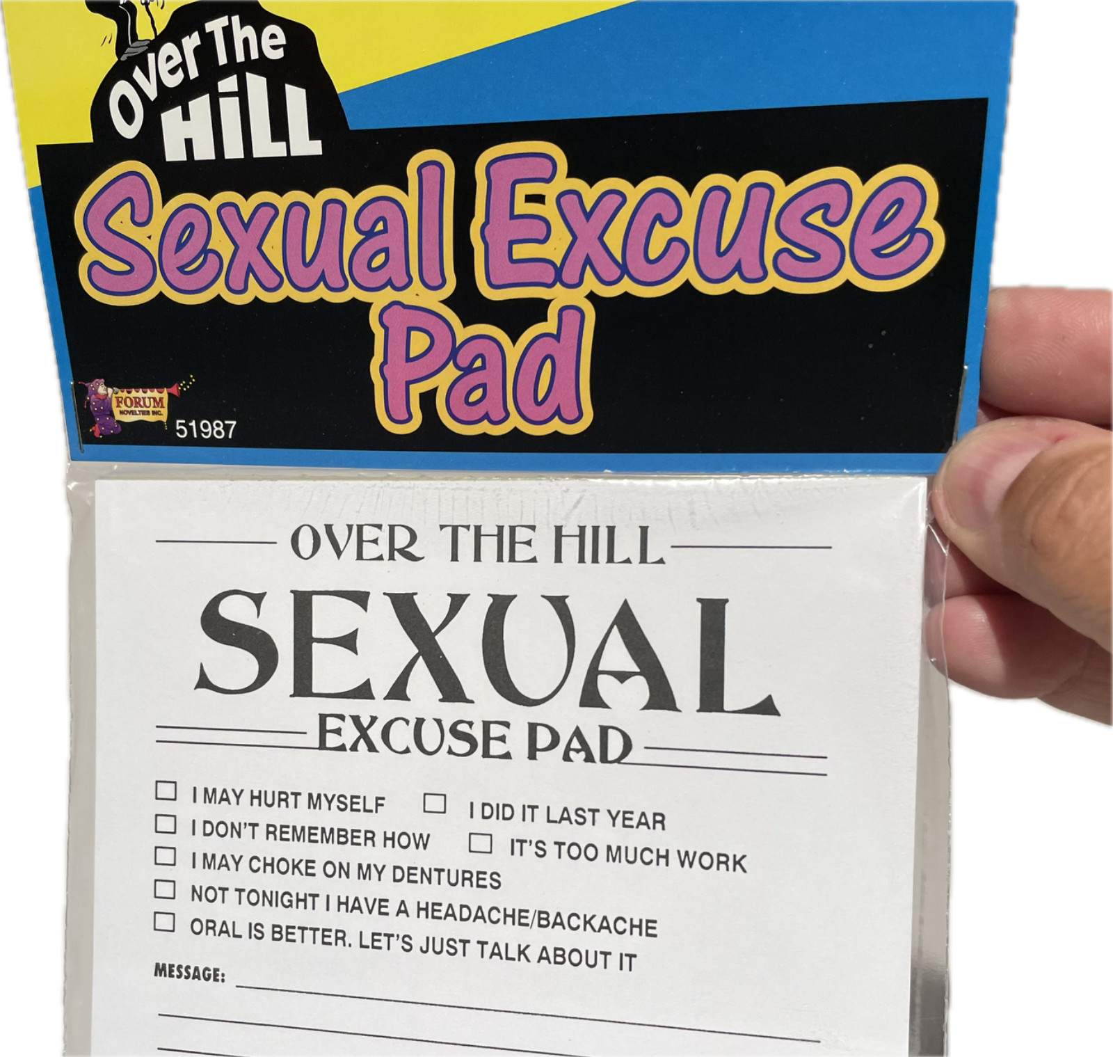 OVER THE HILL SEXUAL EXCUSE PAD Paper Old Age Retirement Joke Gag Prank Gift Fun