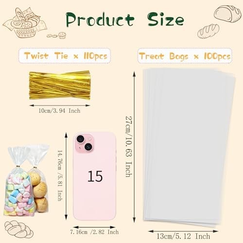 100pcs Cellophane Treat Bags: 5 x11 Inch Clear Cellophane Bags for Treat Candy S
