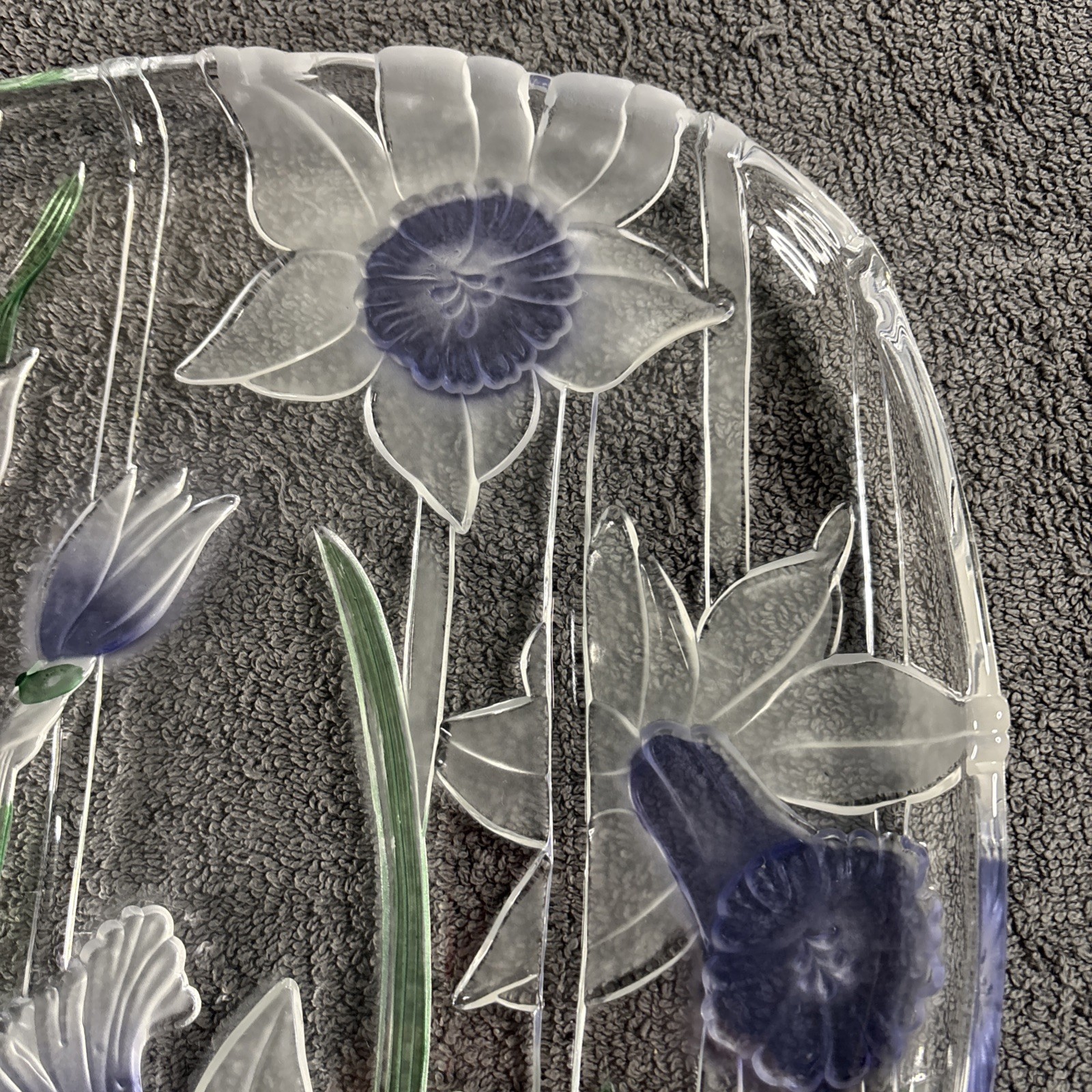 Large Mikasa ? Glass Art-Deco Charger Platter – Daffodil Blue / Clear 12″ x 12″