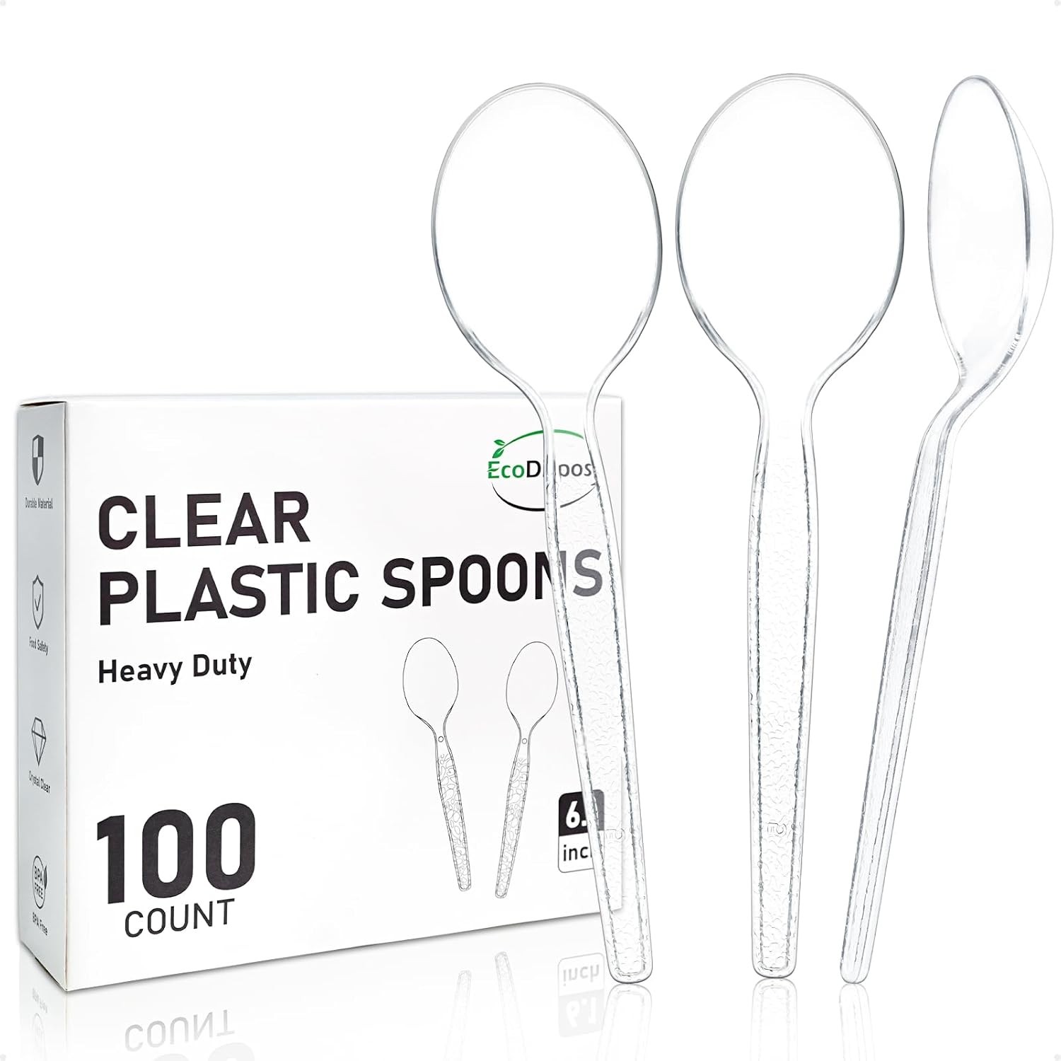 100 Count Disposable Clear Plastic Spoons Heat Resistant and BPA Free, Heavy