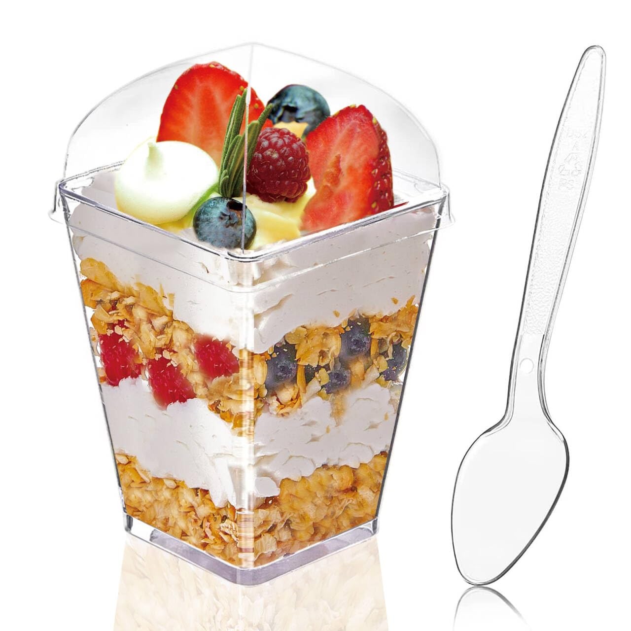 Hiasobre 50Pack 5oz Clear Plastic Dessert Cups with Lids and Spoons, Reusable Sq