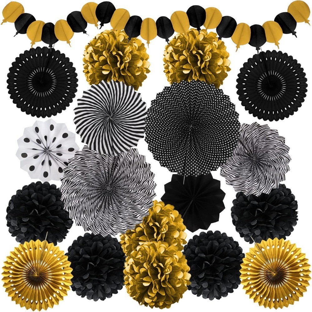 Black and Gold Decorations, Paper Pompoms Fan for Graduation Birthday Wedding