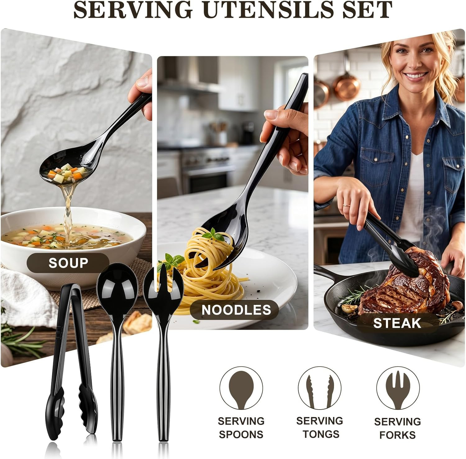 24 Pack Black Plastic Serving Utensils Set Spoons Forks Tongs Buffet Party
