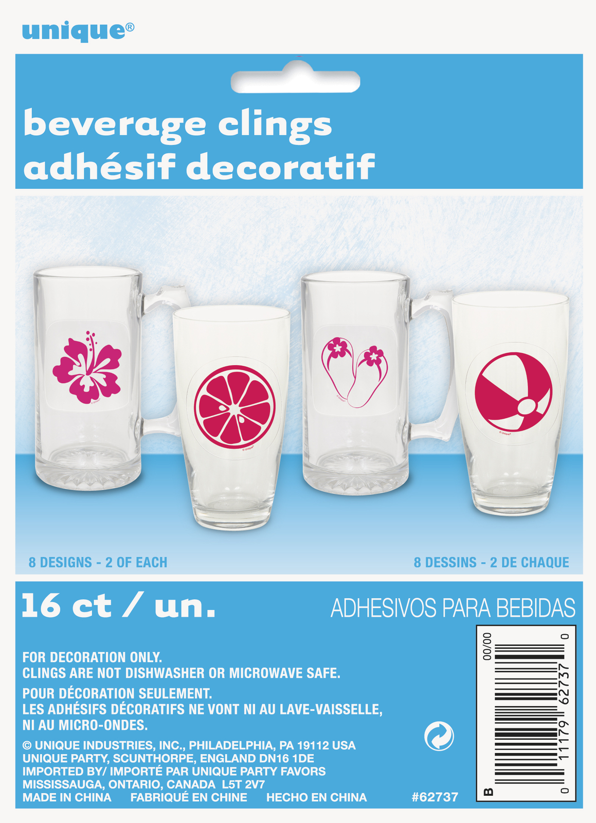 Minimalist Summer Fun Tropical Beach Luau Plastic Beverage Clings, 16 CT, Pink