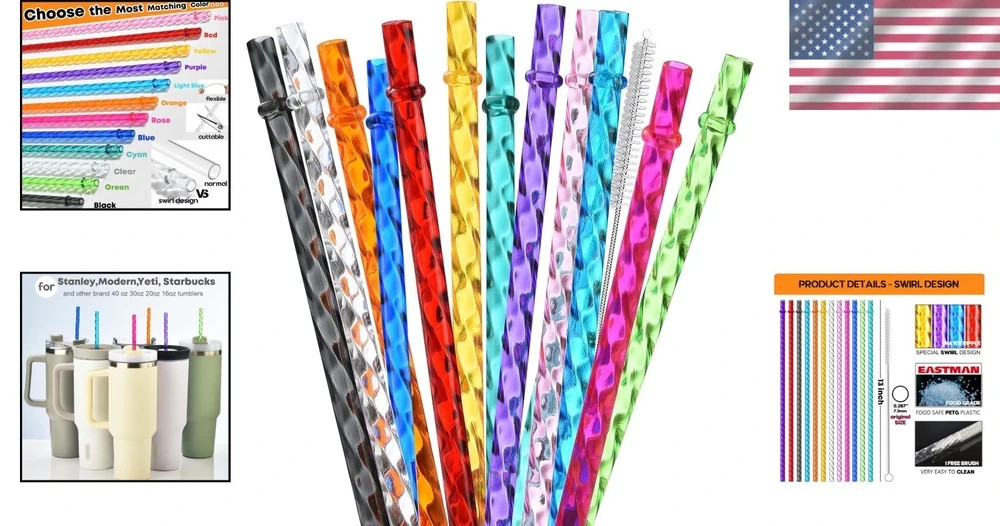 ALINK 12-Pack Reusable Plastic Clear Swirl Straws, 13″ Extra Long Colorful Hard