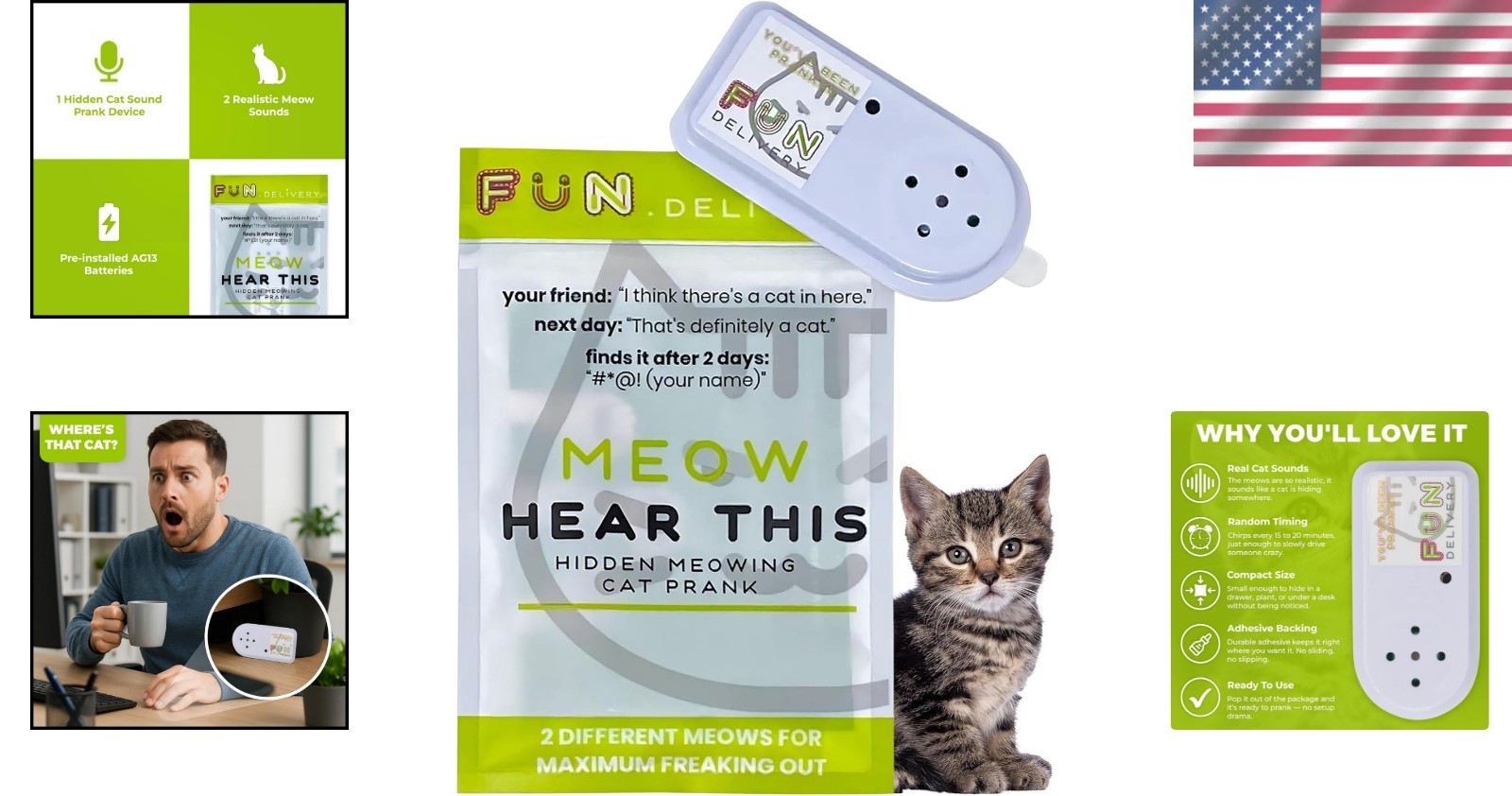 Hidden Cat Sound Prank Device – White – One Size – Plastic – Animal, Gags, Jo…