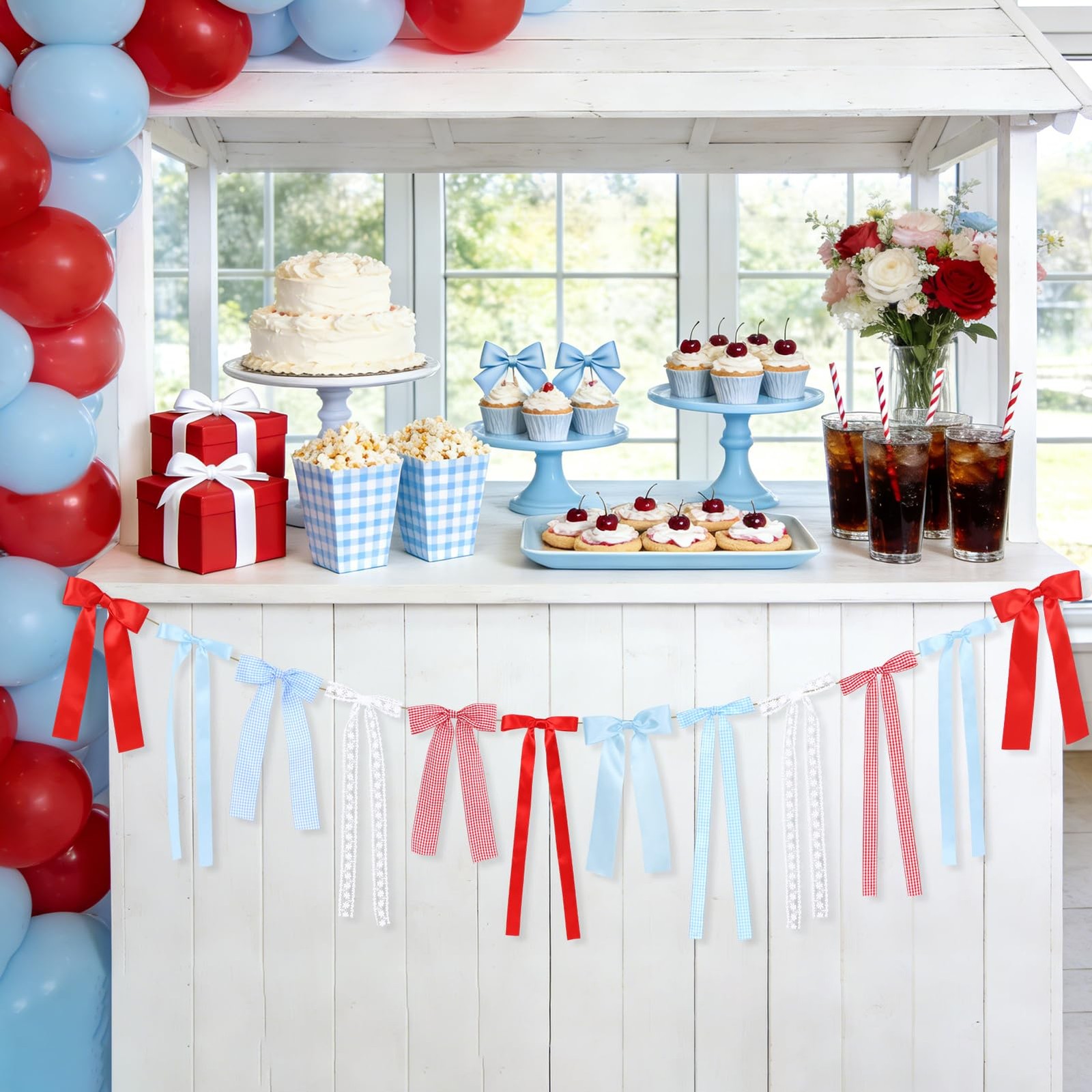 Cherry Blue Gingham Bow Garland, White Lace and Red Blue Gingham Bow Garland Ri