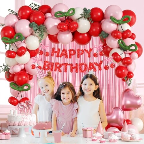 Cherry Birthday Party Decorations with Red Light Pink Sand White Balloons