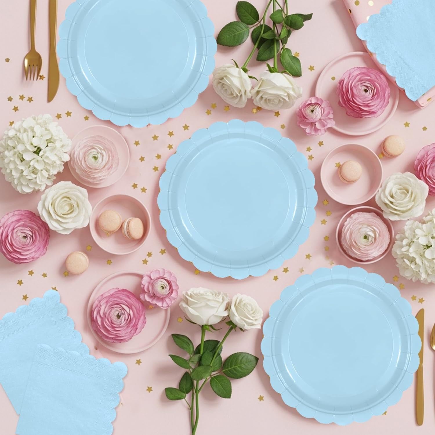 50 Pcs Light Blue Plates and Napkins Party Supplies – Blue Disposable Scalloped
