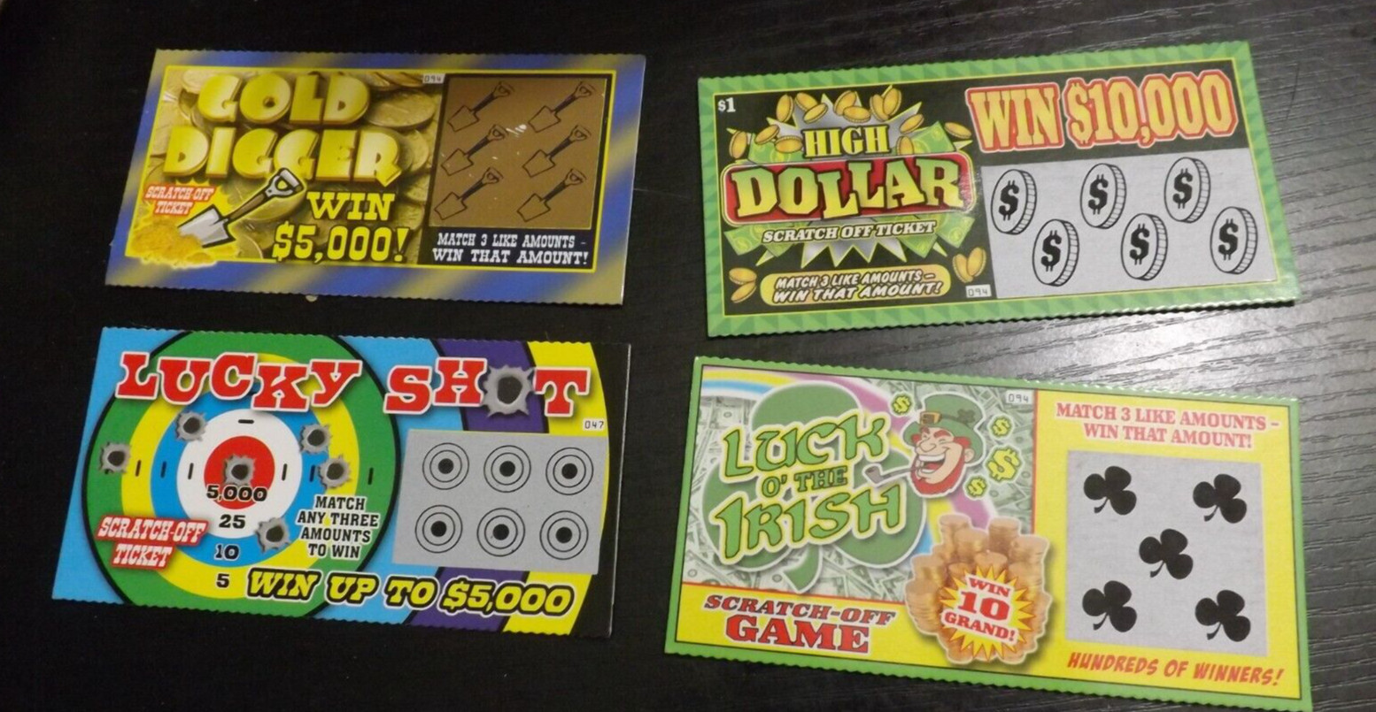 4 NEW assorted FAKE faux LOTTERY TICKETS Prank gag gift NO VALUE