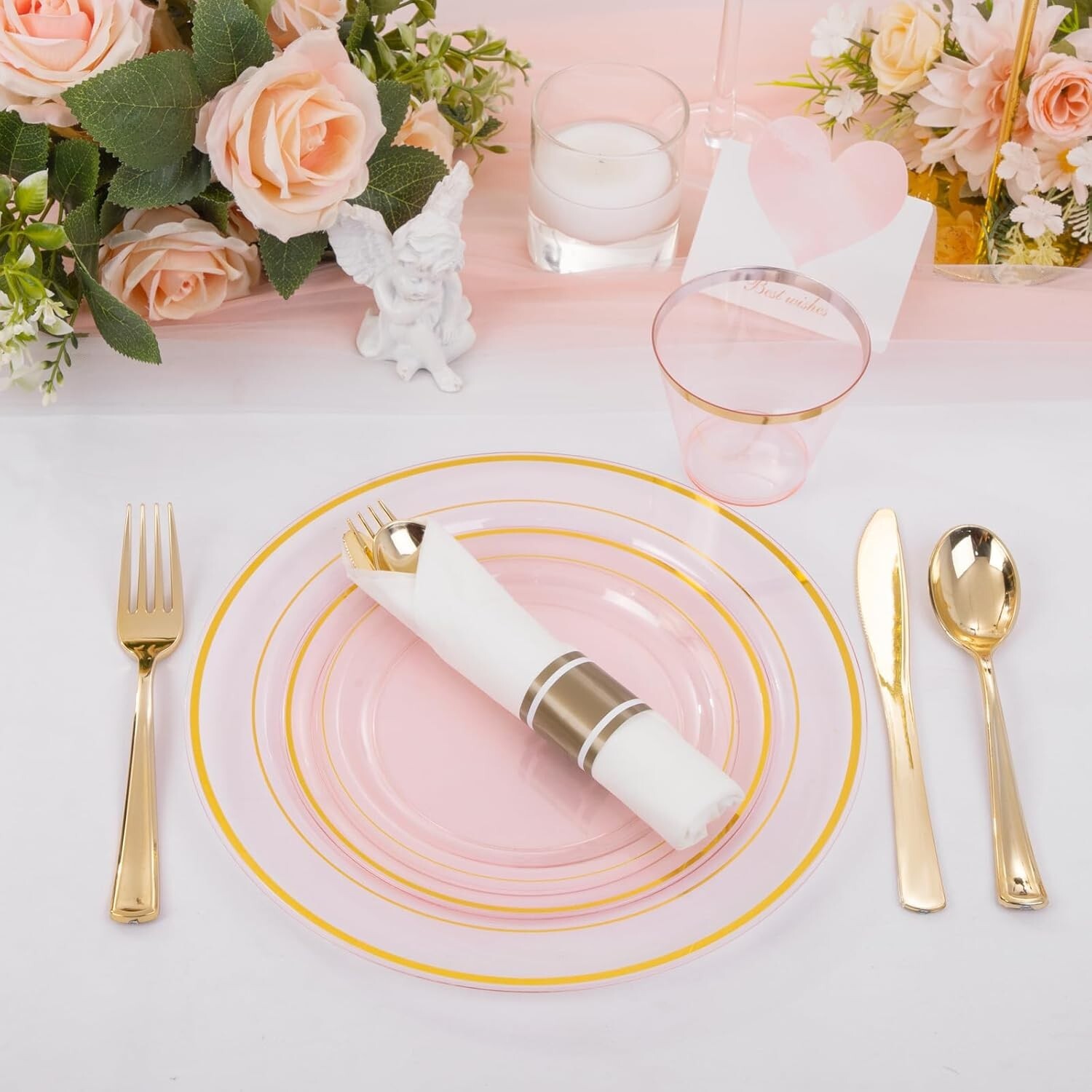 210Pcs Clear-Pink Plastic-Plates – Pink and Gold Plastic Dinnerware include 3…