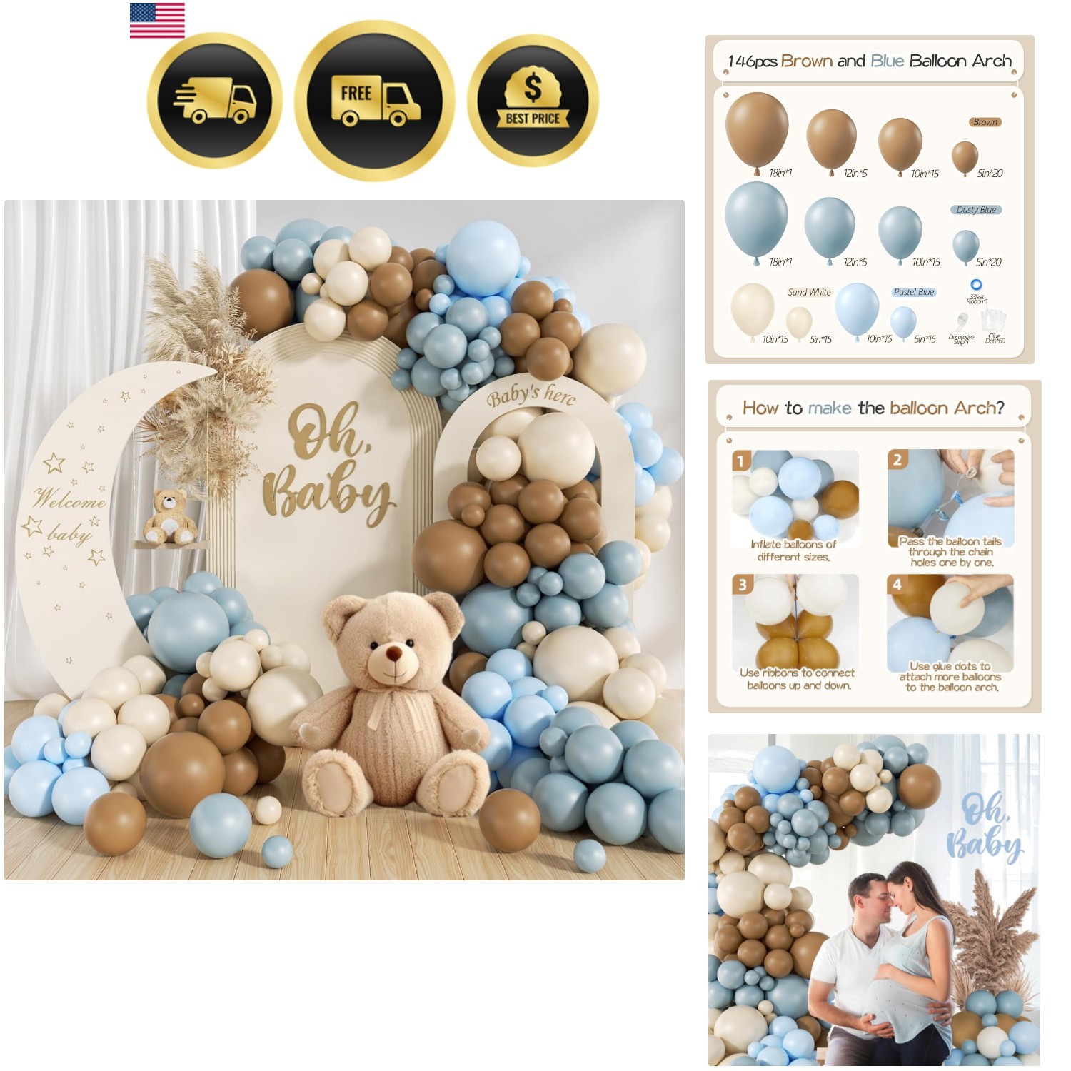 146Pcs Dusty Blue and Brown Balloon Arch Kit, Bear Baby Shower Decorations wi…