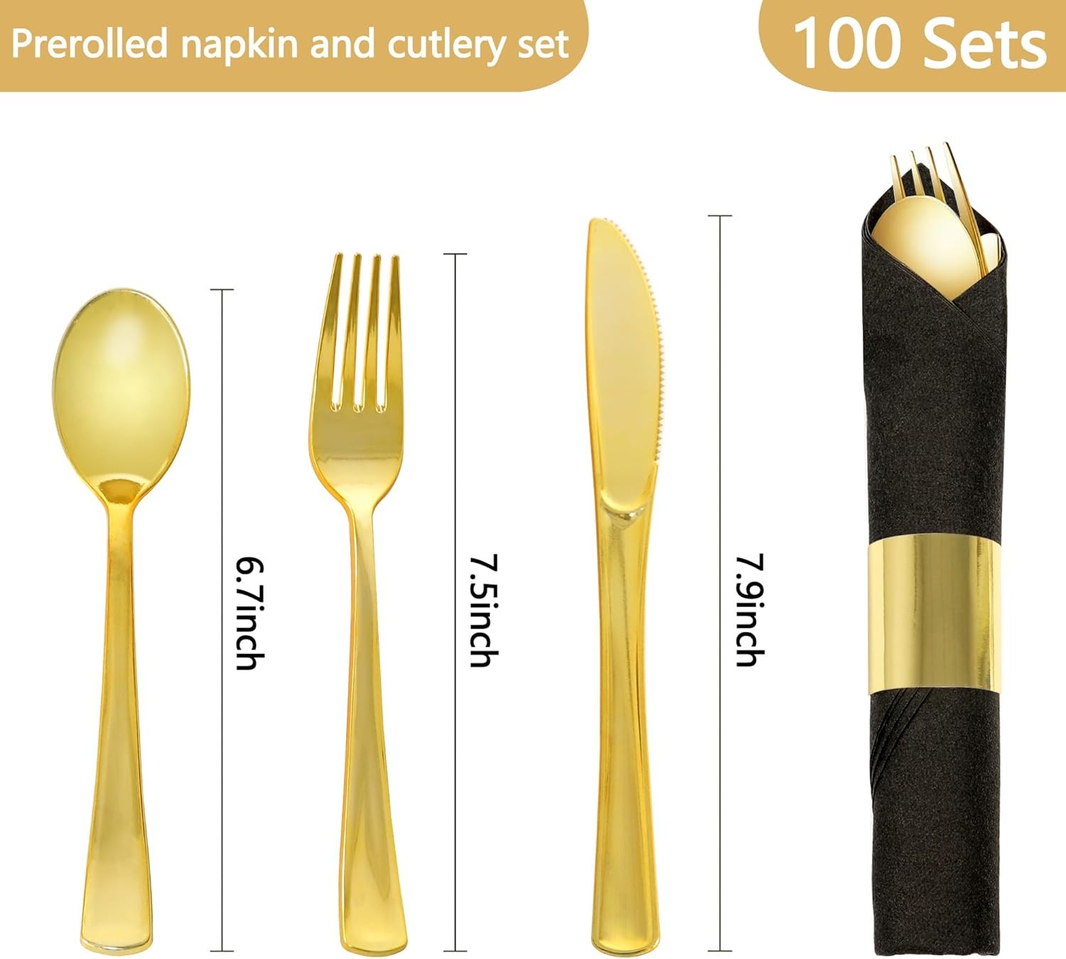 100 Pack Pre Rolled Gold Plastic Silverware Set,Wrapped Plastic Cutlery Set with