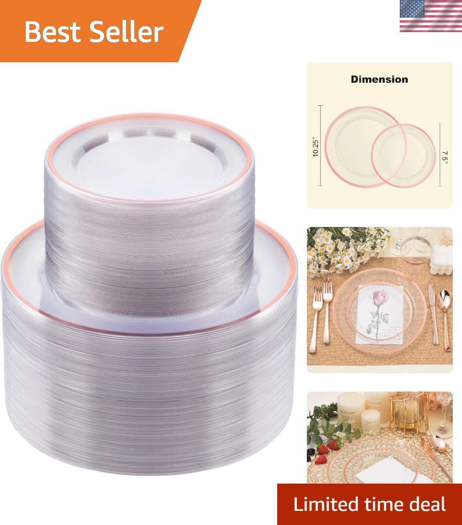 200PCS Rose Gold and Clear Plastic Plates, Rose Gold Disposable Plate Set wit…