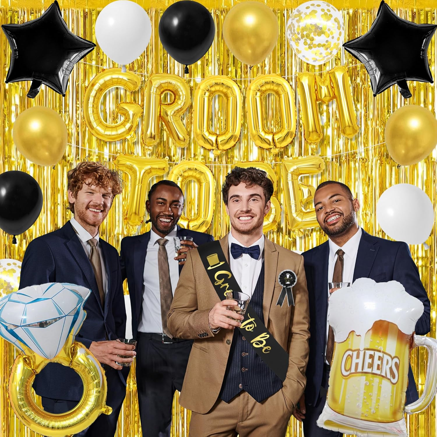 Gold Bachelor Party Decorations for Men, Groom to Be Banner Fringe Curtains, Gro