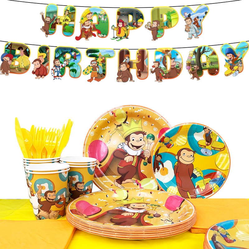 Curious George Party Decoration 114 Pcs Tableware Plates Tablecloth Banner Cups