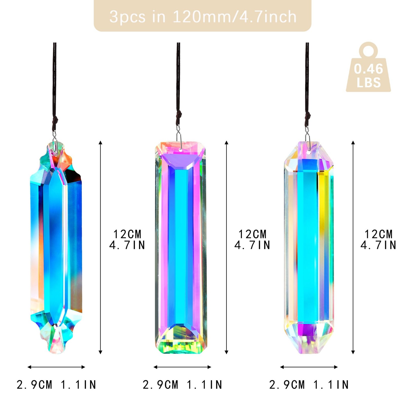 3PCS Crystal Suncatcher Prism for Window,120mm/5” Rectangle AB Colored Crystal