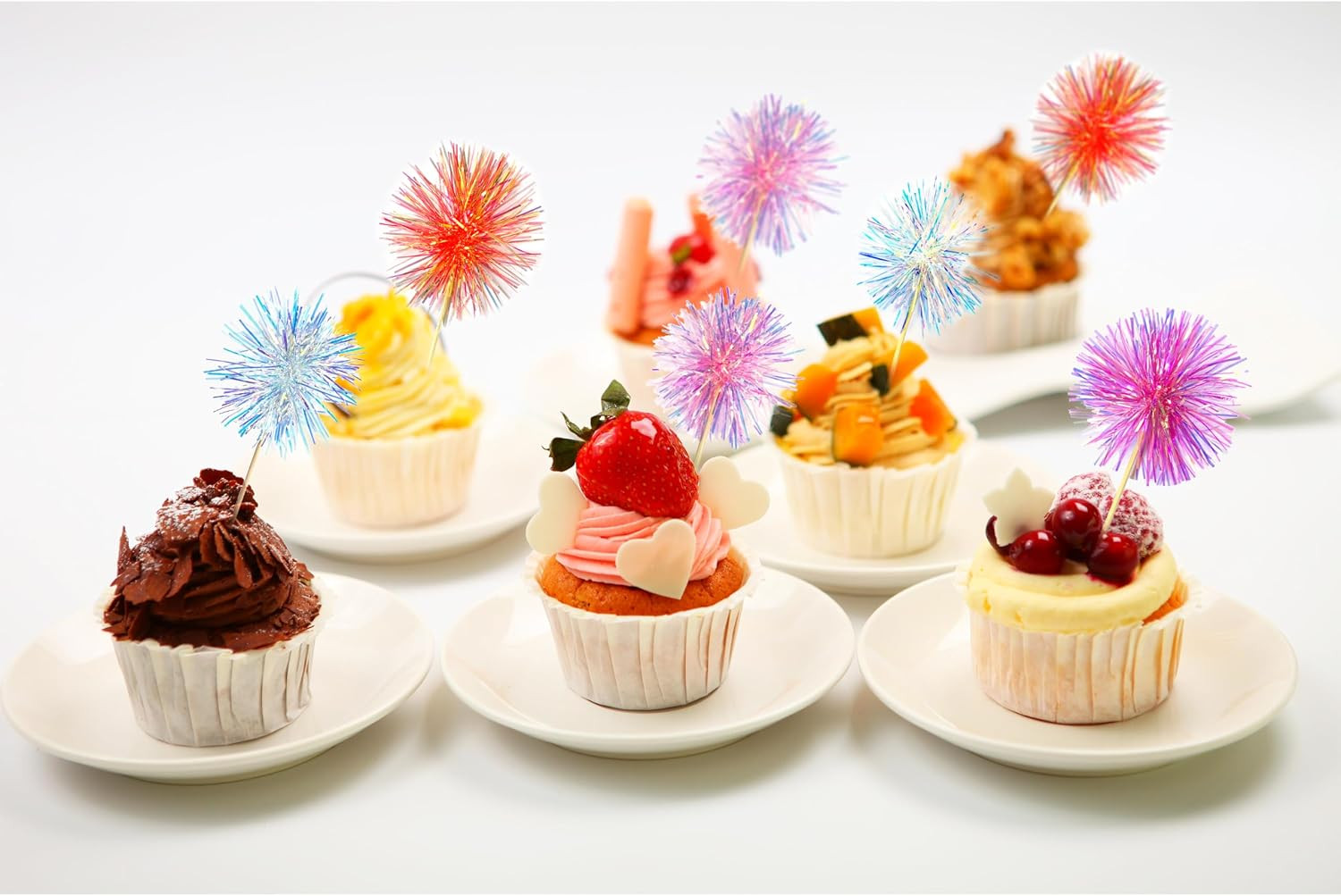 10PCS Foil Firework Cupcake Toppers, Happy Birthday Cake Toppers, Sparkle Tinse