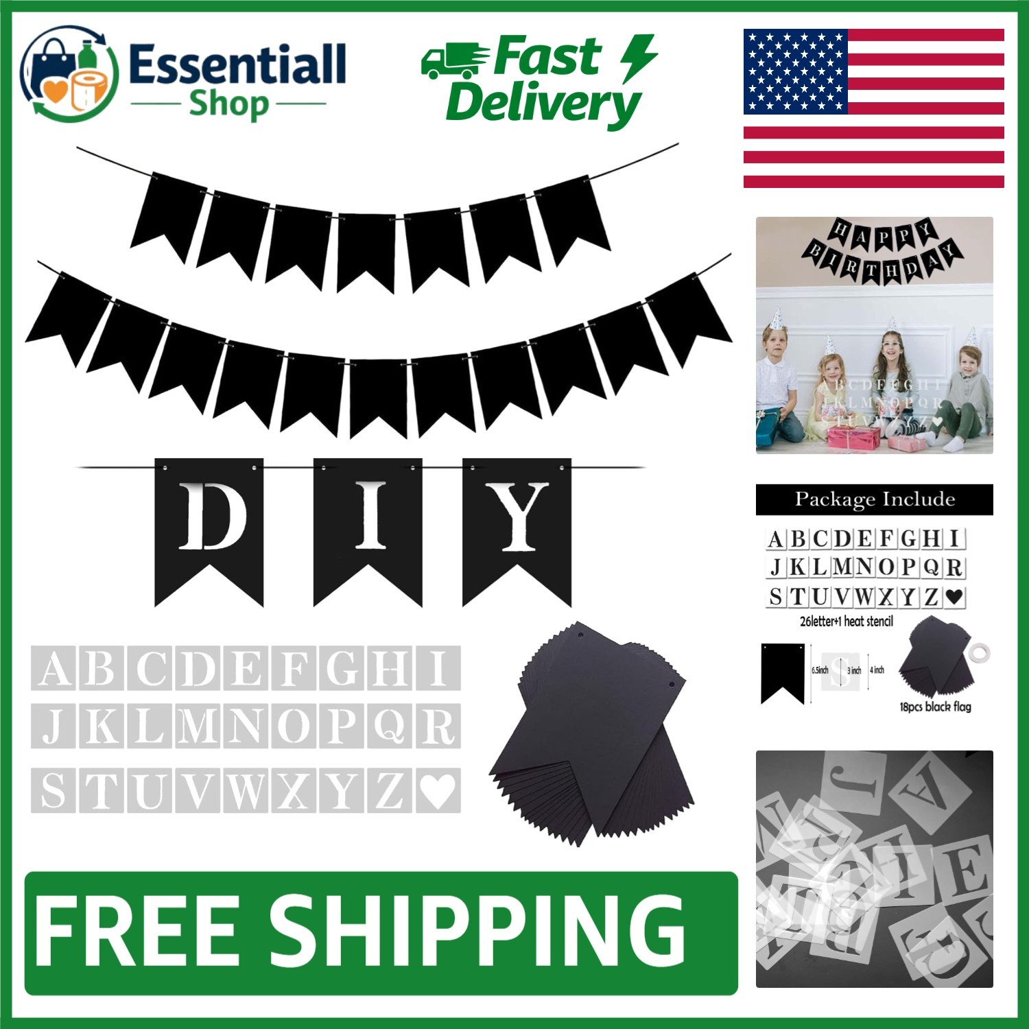 DIY Black Custom Banner Kit – 18 Pennants & A-Z Stencil for Every Celebration