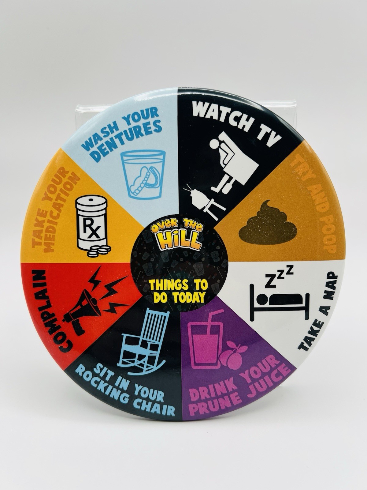 Over The Hill THINGS TO DO TODAY Oversized Pin/Button Novelty Birthday Gag Gift