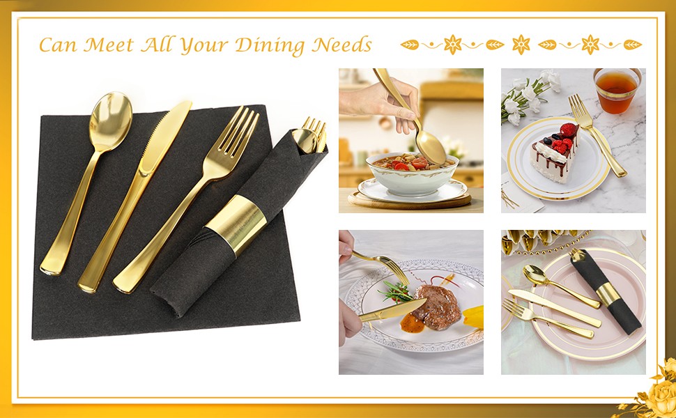 100 Pack Pre Rolled Gold Plastic Silverware Set,Wrapped Plastic Cutlery Set with