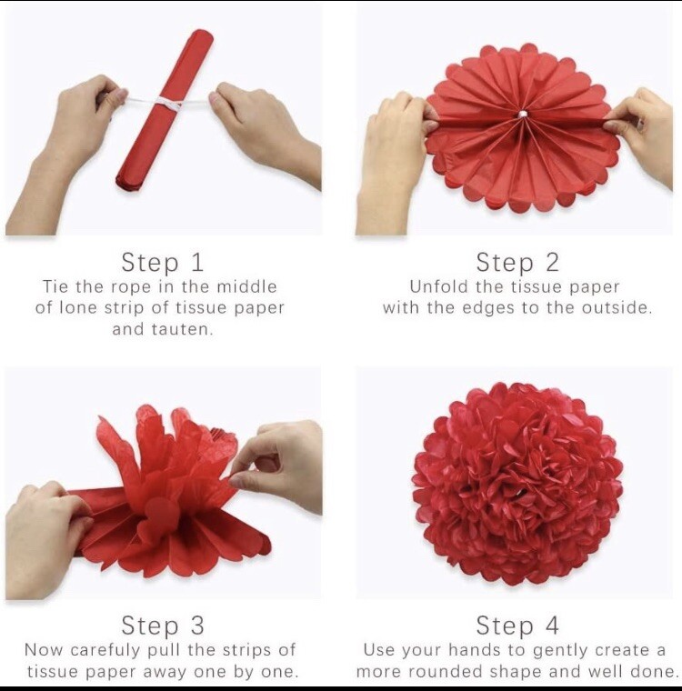 Lot 6 Red Round Tissue Paper Decor: Two 8” Honeycomb Balls;Four 6” Inch Pom Poms
