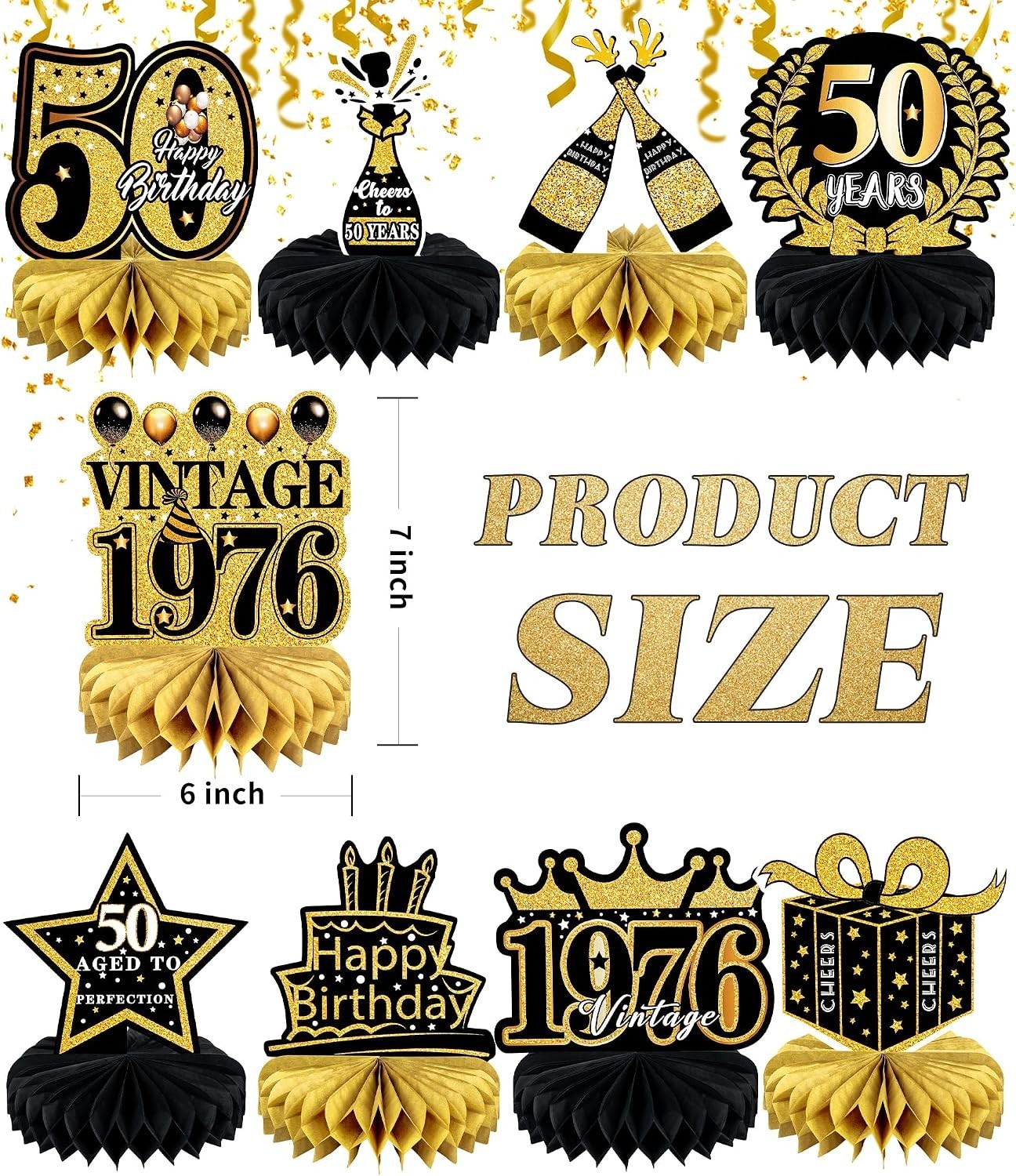 Retro 50th Birthday Decor – 9 Honeycomb & Cardboard Pieces – Easy Assembly