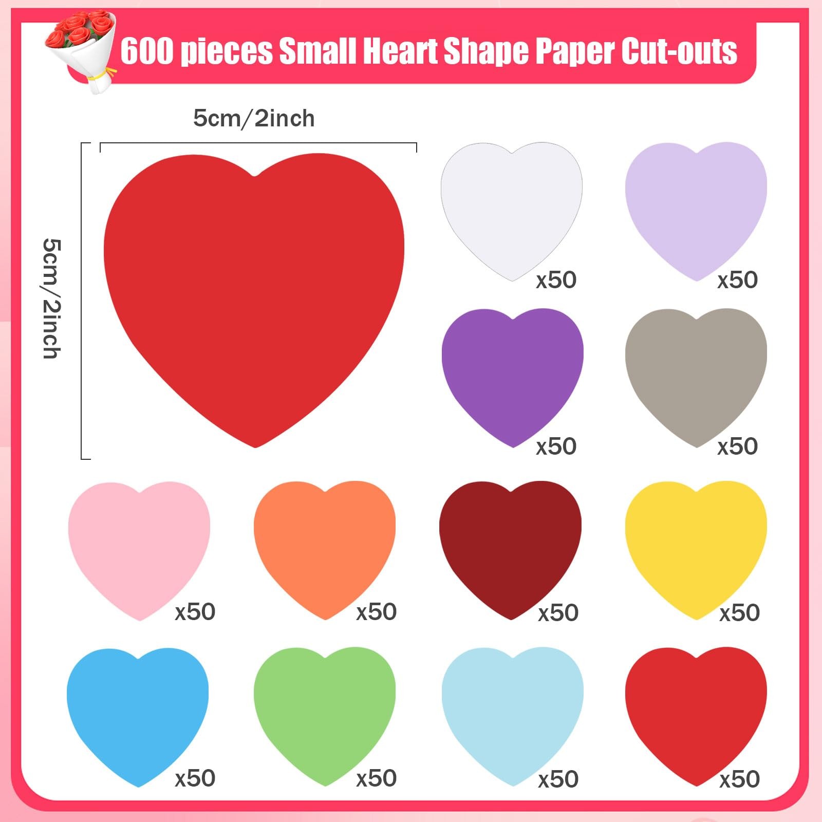 600 PCS 2 Inch Assorted Color Heart Paper Cutouts Cardstock Die Cuts Decor