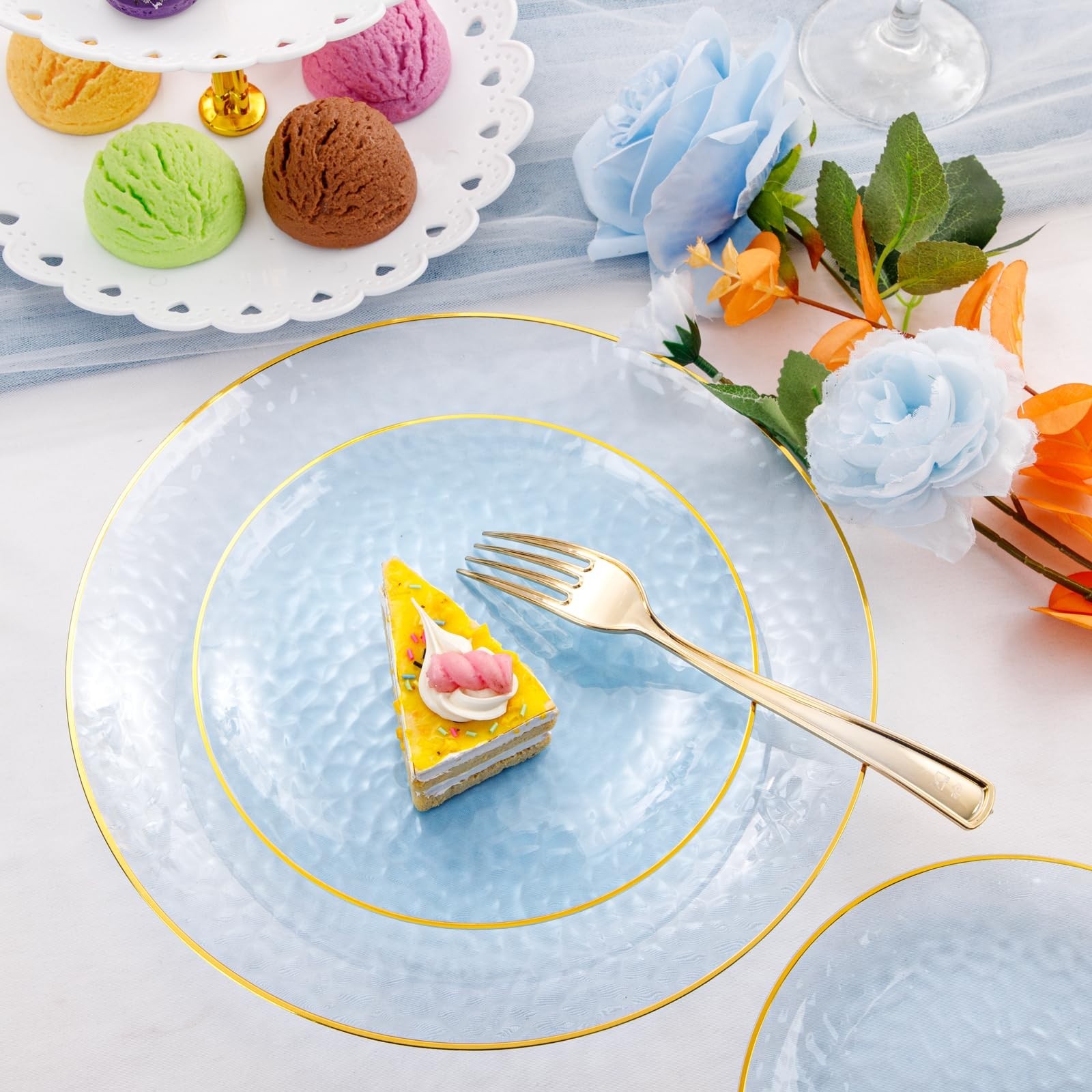 175 Pcs Blue Disposable Dinnerware Set for 25 Guests, Gold Rim Plates, Cups & Cu