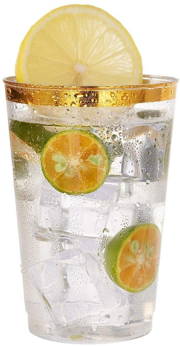 Simcha Collection 10 Oz disposable Fancy Gold Rim Clear hard Plastic Cup BULK