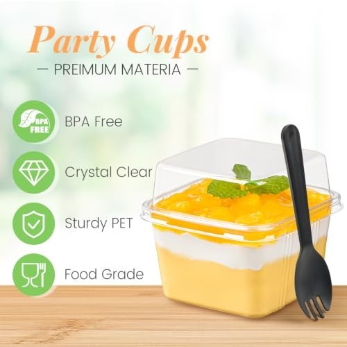 Dessert Cups 50 Count 8 oz Square Plastic Container with Lids Sporks Parfait